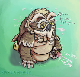 air_puff anthro arm_tuft beak beard belly big_belly black_beak bodily_fluids braided_beard braided_hair brown_body brown_feathers claws cum cum_on_ground dialogue ejaculation elderly_anthro elderly_male facial_hair feather_hands feathers feet foreskin genital_fluids genitals green_background hair handjob head_tuft humanoid_genitalia humanoid_penis looking_at_genitalia looking_at_penis looking_pleasured male masturbation motion_lines mustache onomatopoeia open_beak open_mouth overweight overweight_anthro overweight_male penile penile_masturbation penis sex shoulder_tuft simple_background solo sound_effects tail tail_feathers talons text toe_claws toes tuft winged_arms wings undergreysnest breath_of_the_wild nintendo the_legend_of_zelda kaneli_(tloz) avian bird owl rito colored english_text shaded signature watermark