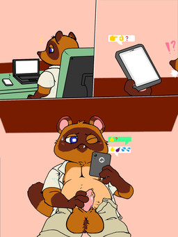 aloha_shirt anthro balls big_balls blue_eyes blush brown_body brown_fur clothing computer electronics erection exclamation_point fur genital_piercing genitals humanoid_genitalia humanoid_hands humanoid_penis male pattern_clothing pattern_shirt pattern_topwear penis penis_piercing phone piercing prince_albert_piercing question_mark shirt sitting solo topwear olkl1234 animal_crossing nintendo tom_nook_(animal_crossing) canid canine mammal raccoon_dog tanuki 2020 3:4 comic hi_res