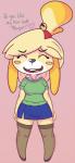 anthro blush bottomwear breasts clothing dialogue eyes_closed female jumper legwear open_mouth secretary skirt smile solo stockings text neonlink animal_crossing nintendo isabelle_(animal_crossing) canid canine canis domestic_dog mammal shih_tzu toy_dog 2014 english_text hi_res