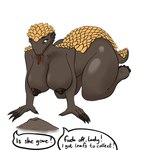 all_fours big_breasts breasts butt claws female nipples nude scales solo text thick_thighs tongue blackbetty mammal pangolin hi_res