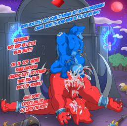 anal anal_penetration anklet anthro arm_tattoo balls big_balls big_butt big_penis black_penis blue_hair bodily_fluids bracelet butt butt_tattoo cum cum_in_ass cum_in_mouth cum_inside cum_while_penetrated duo ejaculation erection fangs genital_fluids genitals hair head_accessory humanoid_genitalia humanoid_penis jewelry larger_sub male male/male membrane_(anatomy) membranous_wings multicolored_tattoo nude open_mouth penetration penile penile_penetration penis penis_in_ass pointy_ears rainbow_star rainbow_tattoo red_body reverse_perching_position shoulder_tattoo size_difference small_top_big_bottom smile star_pin star_tattoo submissive tattoo teeth text tongue tongue_out top_hole wings ketikoo-kenagiwa capcom demon's_crest gargoyle's_quest ghosts_'n_goblins firebrand ketikoo-kenagiwa_(character) canid canine canis demon domestic_dog gargoyle herding_dog mammal pastoral_dog red_arremer welsh_corgi digital_media_(artwork) english_text hi_res
