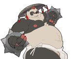 anthro asian_clothing belly bracelet bulge chinese_clothing clothing east_asian_clothing eyewear fighting_pose fundoshi genitals glasses headgear headwear japanese_clothing jewelry kemono looking_at_viewer male metal moobs nipples overweight overweight_anthro overweight_male penis penis_base pose ruff side_view smile solo spiked_bracelet spikes stocky underwear hugothecorgo mihoyo zenless_zone_zero pan_yin_hu bear giant_panda mammal thiren 2025 hi_res