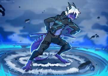 anthro athletic athletic_anthro athletic_male blue_markings bottomwear clothed clothing determined digitigrade effects hair hoodie jacket katana male markings melee_weapon navel open_clothing open_jacket open_topwear pants purple_body shirtless solo sword topwear weapon white_hair nicknamed mythology grydir_dacanoor_(griffonki) dragon mythological_creature mythological_scalie scalie absurd_res hi_res