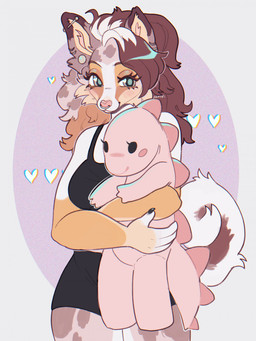anthro black_bottomwear black_claws black_clothing black_shirt black_shorts black_topwear bottomwear brown_eyebrows brown_hair claws clothing curled_tail ear_piercing eyebrows eyelashes facial_piercing female fur hair heart_symbol hug hugging_object hugging_plushie long_hair markings multicolored_body multicolored_fur multicolored_hair nose_piercing nose_ring piercing pink_nose plushie ring_piercing shirt shorts simple_background solo spots spotted_markings tail topwear two_tone_hair white_hair cepto_(artist) australian_shepherd canid canine canis domestic_dog herding_dog mammal pastoral_dog sheepdog 2022 3:4 colored digital_drawing_(artwork) digital_media_(artwork) flat_colors hi_res