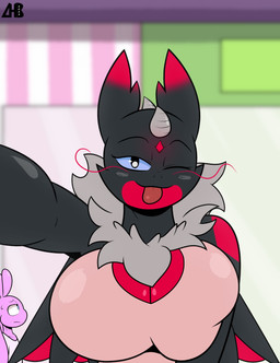 anthro big_breasts blue_eyes blue_sclera bodily_fluids breasts closed_smile clothed clothing duo eyebrows eyelashes female fur horn looking_at_viewer male mouth_closed neck_tuft one_eye_closed pink_body selfie smile solo_focus sweat sweatdrop tongue tongue_out tuft white_sclera luanctoons mythology hana_(luanctoons) qper_(pinkshonen) alien dragon humanoid lagomorph leporid mammal mythological_creature mythological_scalie scalie 2024 absurd_res digital_drawing_(artwork) digital_media_(artwork) hi_res