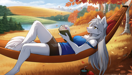 anthro arm_tuft beverage book bottomwear breasts chest_tuft claws clothed clothed_anthro clothed_female clothing cloud day digitigrade elbow_tuft feet female finger_claws fingers fully_clothed fully_clothed_anthro fully_clothed_female fur grey_hair hair hammock handpaw holding_book holding_object long_hair lying on_back on_hammock outside paws plant reading reading_book sky smile solo tail toe_claws toes topwear tree tuft water white_body white_fur white_tail yellow_eyes conditional_dnp tom_fischbach twokinds raine_silverlock canid canine canis keidran mammal wolf 2026 7:4 digital_drawing_(artwork) digital_media_(artwork) hi_res