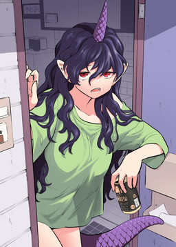 1_horn alcohol beer beverage beverage_can clock clothing digital_clock electronics female green_clothing green_shirt green_topwear hair holding_beverage holding_object horn humanoid_pointy_ears looking_at_viewer open_mouth oversized_clothing oversized_shirt oversized_topwear pointy_ears pupils purple_hair purple_horn purple_tail red_eyes sharp_teeth shirt slit_pupils solo tail teeth topwear urazasa sapporo touhou yebisu_(beer) chiyari_tenkajin horned_humanoid humanoid tailed_humanoid absurd_res hi_res