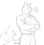 anthro belt bottomwear clothing duo holding_money holding_object holding_paper looking_at_viewer male money necktie offering_money pants paper shirt sketc solo_focus speech_bubble topwear pu94_d1de4c aggretsuko sanrio haida_(aggretsuko) hyena mammal spotted_hyena 2023 hi_res monochrome