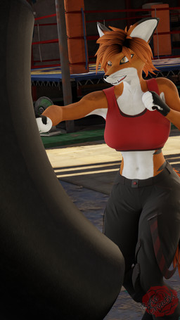anthro athletic_wear bottomwear boxing breasts clenched_teeth clothed clothing female fur gym gym_bottomwear hair public punching_bag shirt solo sport teeth topwear rosecreates canid canine fox mammal 3d_(artwork) 4k 9:16 absurd_res blender_(artwork) digital_media_(artwork) hi_res