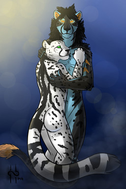 anthro anthro_on_anthro black_hair black_markings black_nose blue_background blue_body blue_fur butt duo fur glistening glistening_eyes green_eyes grey_body grey_fur hair hug male male/male male_anthro markings mouth_closed nude orange_eyes simple_background slim_anthro slim_male standing striped_markings striped_tail stripes tail tail_markings tail_tuft tuft whiskers white_body white_fur yellow_sclera hufnaar felid mammal 2014 2:3 absurd_res dated hi_res