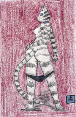 anthro aroused bell bell_collar black_clothing black_panties black_underwear blue_eyes blush blush_lines bodily_fluids body_blush breasts butt butt_shot clothed clothing clothing_around_legs collar eyeshadow female fur genital_fluids genitals half-closed_eyes hand_on_butt humanoid_genitalia humanoid_vulva leaking looking_away makeup markings narrowed_eyes nipples panties panties_around_legs panties_down partially_clothed pointy_ears prick_ears purple_background pussy_juice_leaking shadow simple_background solo standing striped_body striped_fur striped_markings striped_tail stripes tail tail_markings topless underwear underwear_around_legs underwear_down vaginal_fluids vulva vulva_blush white_sclera just_w domestic_cat felid feline felis mammal 2025 absurd_res colored_pencil_(artwork) dated full-length_portrait hi_res huge_filesize portrait shaded signature traditional_media_(artwork)