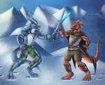 anthro blue_eyes duo fantasy fight grey_body male melee_weapon mountain multicolored_body sword tail training two_tone_body weapon white_body fictional mythology kardukk_(character) koviell dragon kobold mythological_creature mythological_scalie reptile scalie hi_res shaded