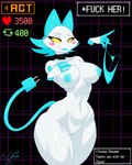 absurd_res android anthro big_breasts breasts choker clothing darkner deltarune disembodied_hand electrical_plug_tail emmet_twunks felid feline female genitals hi_res holding_clothing holding_object holding_panties holding_underwear jewelry looking_at_viewer machine mammal necklace nude panties pussy robot solo strip_game tasque_manager text text_box undertale_(series) underwear undressing white_body wide_hips yellow_eyes