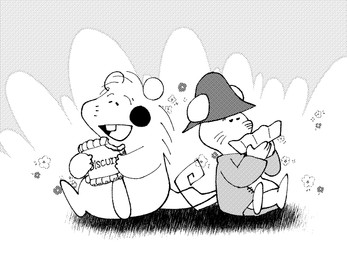 anthro biped chibi clothed clothing drinking duo eating eyes_closed food hat headgear headwear sitting slightly_chubby hikari_gamba gamba_no_bouken gamba_no_bouken_(series) bobo_(gamba_no_bouken) shijin mammal mouse murid murine rodent 2023 black_and_white hi_res monochrome