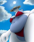 anthro belly belly_overhang big_belly big_breasts bikini blue_sky breasts clothing female hat headgear headwear low-angle_view non-mammal_breasts outside overweight overweight_anthro overweight_female pokemorph sky solo swimwear two-piece_swimsuit worm's-eye_view thatoneaceguy nintendo pokemon generation_2_pokemon legendary_pokemon lugia pokemon_(species) 2023 4:5 hi_res