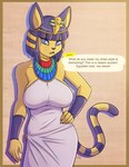 2021 5_fingers animal_crossing ankha_(animal_crossing) anthro big_breasts black_nose blue_eyes blue_eyeshadow blue_hair border breasts brown_border clothed clothing conditional_dnp dialogue dialogue_box digital_media_(artwork) domestic_cat dress egyptian egyptian_clothing english_text eyeshadow felid feline felis female fingers fully_clothed fur hair hand_on_hip header header_box hi_res kadath looking_at_viewer makeup mammal markings nintendo open_mouth short_hair signature solo striped_markings striped_tail stripes tail tail_markings talking_to_viewer text text_box text_header translucent translucent_hair uraeus usekh wristband yellow_body yellow_fur