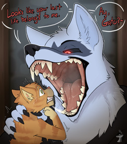 anthro anthro_pred anthro_prey bodily_fluids canine_teeth carnassials claws clenched_teeth dialogue duo emanata eyebrows facial_markings fangs finger_claws fur fuzzy glowing glowing_eyes green_eyes grey_body grey_fur half-closed_eyes head_markings holding_another imminent_vore incisors larger_pred looking_at_another looking_at_mouth looking_into_mouth male male/male male_pred markings mask_(marking) mouth_shot narrowed_eyes neck_grab nervous nervous_sweat open_mouth oral_vore orange_body orange_fur red_eyes saliva saliva_on_tongue saliva_string scared shaking size_difference speech_bubble steam steamy_breath sweat teeth text tongue tremble_spikes trembling unwilling_prey vore wide_eyed willing_pred arkailart dreamworks puss_in_boots_(franchise) death_(puss_in_boots) puss_in_boots_(dreamworks) canid canine canis domestic_cat felid feline felis mammal tabby_cat wolf absurd_res hi_res