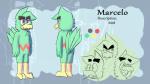 2_toes 4_fingers anthro beak brown_eyes color_swatch feathers featureless_crotch feet fingers green_body green_feathers multiple_poses nude open_mouth pose solo standing tail tail_feathers text toes glomiagui marcelo_canario avian bird 16:9 2016 english_text hi_res model_sheet widescreen