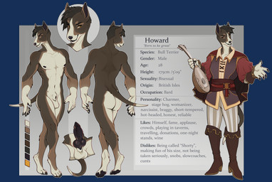 4_toes 5_fingers animal_genitalia animal_penis anthro athletic athletic_anthro athletic_male balls bard belt big_balls big_penis birthmark black_nipples black_nose boots bottomwear brown_body brown_fur brown_hair butt canine_genitalia canine_penis cape claws close-up clothed clothing color_swatch erection fangs feet fingers footwear front_view fur genitals glans hair knot knotted_penis looking_at_viewer looking_back lute male markings medieval medieval_clothing multicolored_body multicolored_fur muscular muscular_anthro muscular_male musical_instrument navel nipples nude pants pawpads pecs penis plucked_string_instrument pointy_ears pubes rear_view sheath shoes simple_background smile smiling_at_viewer solo string_instrument teeth text toes vein veiny_penis yellow_eyes itwasus lausig howard_(skoll666) bull_terrier canid canine canis domestic_dog hunting_dog mammal terrier 2025 colored english_text flat_colors hi_res model_sheet portrait