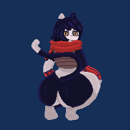 anthro big_butt black_body black_fur black_hair butt clothing crouching dipstick_tail female fur hair humanoid_face looking_at_viewer looking_back looking_back_at_viewer markings multicolored_body multicolored_fur pose rear_view red_scarf scarf short_hair solo tail tail_markings topwear two_tone_body two_tone_fur vest white_tail_tip wrist_guards yellow_eyes kotblinn delicious_in_dungeon izutsumi_(delicious_in_dungeon) domestic_cat felid feline felis mammal 1:1 2026 absurd_res alpha_channel colored digital_drawing_(artwork) digital_media_(artwork) hi_res pixel_(artwork)