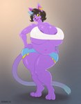 anthro areola belly big_belly big_breasts black_eyes bottomwear breasts catty_(undertale) clothing cutoffs denim denim_bottomwear denim_clothing domestic_cat ear_piercing ear_ring felid feline felis female hair hi_res huge_breasts huge_hips huge_thighs mammal multicolored_hair navel overweight overweight_anthro overweight_female piercing purple_areola purple_body ring_piercing schwoo shirt shorts solo thick_thighs topwear two_tone_hair undertale_(series) wide_hips yellow_sclera