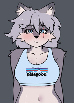 anthro black_nose blue_eyes blush breasts clothed clothing eye_scar facial_scar female fur gooning grey_body grey_fur grey_hair grumpy hair humor inner_ear_fluff looking_at_viewer scar solo tuft cheems_gin patagonia_inc. azra_(vex714) canid canine fox mammal absurd_res hi_res
