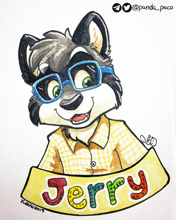 anthro black_body black_fur black_nose clothed clothing eyewear front_view fur glasses green_eyes grey_body grey_fur grey_hair hair happy logo looking_at_viewer male male_anthro open_mouth open_smile rectangular_glasses short_hair smile solo topwear white_body white_clothing white_fur white_topwear yellow_clothing yellow_topwear young young_anthro young_male pandapaco mammal procyonid raccoon 2019 artist_logo bust_portrait dated portrait signature