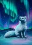 ambiguous_gender aurora_(phenomenon) black_nose detailed_background feral fluffy fluffy_tail fur iridescent iridescent_fur light mountain sky snow solo star starry_sky tail whiskers white_body white_fur kippycube arctic_fox canid canine fox mammal true_fox 2019 lighting