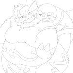 1:1 anthro balls belly chesnaught duo emboar flaccid foreskin generation_5_pokemon generation_6_pokemon genitals groping_from_behind hi_res kemoduelist line_art male male/male monochrome moobs nintendo overweight penis pokemon pokemon_(species)