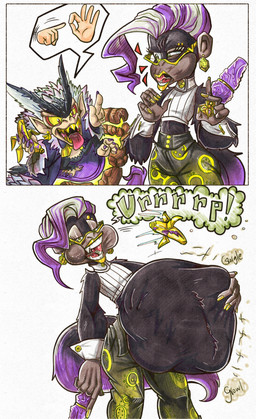 after_vore anthro belly big_belly black_body black_fur burping duo female female_pred fur male male_prey overweight sharp_teeth teeth vore yellow_sclera killboo donkey_kong_(series) nintendo poppy_kong void_kong kong mammal primate 2025 comic hi_res