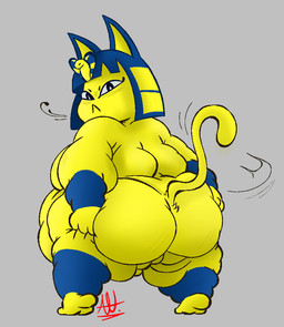 :< anthro back_rolls belly belly_overhang big_belly big_butt biped blue_hair blush breasts butt butt_grab butt_squish chubby_cheeks fat_arms fat_legs fat_rolls feet female grey_background hair hand_on_butt holding_butt holding_own_butt huge_belly huge_butt looking_at_viewer looking_back looking_back_at_viewer nude obese obese_anthro obese_female overweight overweight_anthro overweight_female raised_tail rear_view simple_background solo squish standing tail turning_around uraeus yellow_body alt_for_fat_art animal_crossing nintendo ankha_(animal_crossing) domestic_cat felid feline felis mammal 2025 alternate_version_at_source digital_media_(artwork) full-length_portrait mixed_media portrait signature