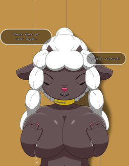 accessory angry anthro big_breasts bodily_fluids breasts breath brown_body collar colored_nails covering covering_breasts eyes_closed female fur horn huge_breasts lactating milk nails nipples_covered nude open_mouth outside panting pink_nose solo standing text white_body white_fur wool_(fur) wool_hair anuvisur_(artist) nintendo pokemon generation_8_pokemon pokemon_(species) wooloo absurd_res english_text hi_res