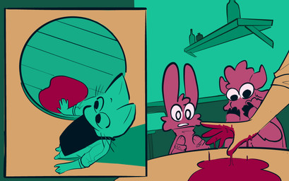 anthro blood blood_on_hand blood_on_table bodily_fluids female male vanilla_candy unicorn_blood_(comic) marigold_(unicorn_blood) saffron_(unicorn_blood) tulip_(unicorn_blood) bovid caprine domestic_cat felid feline felis lagomorph mammal sheep absurd_res comic hi_res restricted_palette