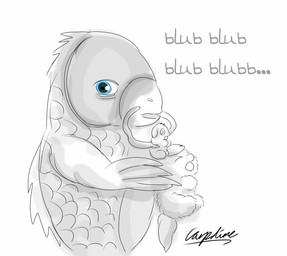 ambiguous_feral ambiguous_gender animal_noises blub blue_eyes eyes_closed featureless_feet featureless_hands feet feral fin fur group hair holding_another looking_at_another looking_at_viewer neonate open_mouth pained_expression scales side_view size_difference tail text trio whiskers young young_ambiguous young_feral carpdime fluffy_pony aquatic carp cyprinid cypriniform fish fluffy_pony_(species) mammal artist_name english_text spot_color