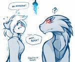 2018 ambiguous_gender anthro blush canid canine conditional_dnp confusion dialogue duo english_text felid female fur glowing glowing_eyes guardian_(twokinds) hi_res hybrid kathrin_vaughan keidran kissing_bough magic mammal markings mistletoe monochrome plant question_mark reptile scalie side_view simple_background sketch spots spotted_body spotted_fur text thought_bubble tom_fischbach twokinds white_background