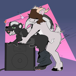 anal anthro bottomwear bottomwear_down clothed clothing contour_smear distorted_contour dominant duo finger_fetish finger_in_mouth finger_play fingers foreskin genitals heart_reaction heart_symbol male male/male motion_lines pants pants_down partially_clothed path_lines penis pinned sex simple_background speaker thrusting empskit bovid caprine goat mammal mephitid skunk 1:1 absurd_res hi_res