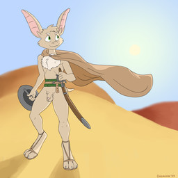 anthro balls bat_ears bat_tail belt buckler chest_tuft cloak clothing desert footwear fur genitals green_eyes humanoid_genitalia humanoid_penis male melee_weapon mostly_nude mostly_nude_anthro mostly_nude_male penis sandals scabbard shield shoes short_tail smile solo sword tail tan_body tan_fur tuft weapon scribefang turo_of_akesh bat desert_long-eared_bat mammal wingless_bat 1:1 digital_media_(artwork) hi_res