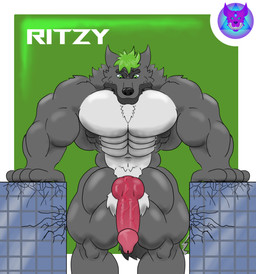anthro big_muscles big_penis building building_destruction destruction evil_face genitals green_eyes green_hair hair huge_muscles huge_penis hyper hyper_genitalia hyper_muscles hyper_penis macro male muscular muscular_male penis simple_background solo seinki ritzywolf absurd_res hi_res