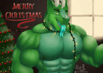 anthro blue_tongue christmas_decorations christmas_lights christmas_tree green_body holidays horn looking_at_viewer male muscular muscular_male nipples open_mouth pecs plant solo teeth text tongue tree window tiotiored christmas mythology dragon mythological_creature mythological_scalie scalie animated digital_media_(artwork) hi_res loop no_sound short_playtime signature toonz_(artwork) webm