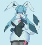 anthro big_breasts biped blue_background blue_body blush breasts bunny_costume cleavage clothed clothing condom costume female legwear pokemorph sexual_barrier_device simple_background solo standing thick_thighs thigh_highs wide_hips houh nintendo pokemon eeveelution generation_4_pokemon glaceon pokemon_(species) hi_res