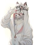 abs anthro athletic athletic_anthro athletic_male clothed clothing facial_scar fur hair kigurumi looking_at_viewer male muscular muscular_anthro muscular_male onesie open_clothing open_topwear pecs red_eyes scar simple_background solo topwear white_body white_fur white_hair ty_arashi mihoyo zenless_zone_zero von_lycaon canid canine canis mammal wolf absurd_res hi_res