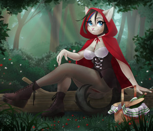 anthro biped black_hair blue_eyes boots bottle breasts butt choker clothing container corset corset_dress cosplay day detailed_background female footwear forest grass grey_body hair hood jewelry legwear lingerie log necklace plant shoes sitting smile solo topwear tree underwear wood dannyckoo ladnelsiya fairy_tales little_red_riding_hood_(copyright) chikachi little_red_riding_hood canid canine canis domestic_cat felid feline felis mammal wolf 2018