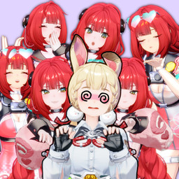 animal_ears big_breasts black_clothing black_gloves black_handwear blush braided_hair breasts brown_body brown_fur cleavage clothed clothing collar dipstick_ears duo ear_markings eyelashes eyes_closed eyewear eyewear_on_head female fingerless_gloves front_view fur gloves green_eyes hair handwear heart_sunglasses multicolored_ears open_mouth pink_clothing pink_sweater pink_swimwear pink_topwear purple_background red_hair simple_background spiral spiral_eyes studded_collar studs sunglasses sunglasses_on_head sweater swimwear tan_body tan_fur tan_skin topwear twintails_(hairstyle) white_clothing white_topwear kokomils mihoyo zenless_zone_zero alice_thymefield ukinami_yuzuha animal_humanoid human humanoid lagomorph lagomorph_humanoid leporid_humanoid mammal mammal_humanoid rabbit_humanoid thiren 3d_(artwork) digital_media_(artwork) hi_res