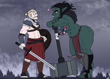 5_fingers 5_toes abs bedroom_eyes belly big_breasts big_butt black_hair blonde_hair bottomwear breasts butt clothed clothing duo ear_piercing feet female fingers hair half-closed_eyes hammer heart_symbol holding_melee_weapon holding_object holding_sword holding_weapon huge_breasts larger_female leaning lips loincloth makeup male mascara melee_weapon muscular muscular_male narrowed_eyes navel not_furry partially_clothed piercing seductive shield size_difference smaller_male smile sword teeth toes tools weapon hellonearth-iii human humanoid mammal orc 2018 signature