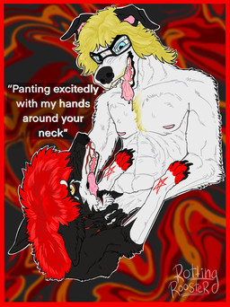 abstract_background ambiguous_gender anthro black_body black_fur blonde_hair bodily_fluids crying duo eyewear feral fur glasses hair male red_body red_fur tears text tongue tongue_out white_body white_fur puppy_meats canid canine canis domestic_dog mammal 2024 english_text hi_res