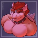 2_horns anthro barazoku big_pecs collar eyebrows hair horn male muscular muscular_anthro muscular_male pecs red_hair shell smile solo spiked_collar spiked_shell spikes spikes_(anatomy) thick_eyebrows oraderg mario_bros nintendo bowser koopa scalie absurd_res bust_portrait hi_res portrait