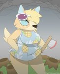 anthro axe deforestation female food_print grey_background melee_weapon plant short_tail simple_background solo tail tree weapon makydeli_(artist) animal_crossing murrlogic1 nintendo audie_(animal_crossing) canid canine canis mammal wolf hi_res