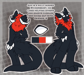 black_body black_fur black_tail blep claws fur horn long_tail male red_body red_fur solo standing tail text text_box tongue tongue_out white_eyes hope_shadows yin wickerbeast english_text model_sheet