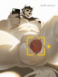 anthro balls between_thighs big_muscles electronics genital_outline genitals huge_muscles low-angle_view male muscular muscular_anthro muscular_male pecs penis phone solo white_body doooo2424 canid canine canis mammal wolf hi_res