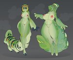 antennae_(anatomy) anthro areola belly big_areola big_breasts breast_size_difference breasts curvy_figure duo female female/female genitals green_body grey_background huge_breasts larva medium_breasts nipples non-mammal_breasts non-mammal_nipples nude puffy_areola pussy simple_background tail thick_thighs wide_hips cyber_d1e fan_character arthropod caterpillar insect worm absurd_res hi_res
